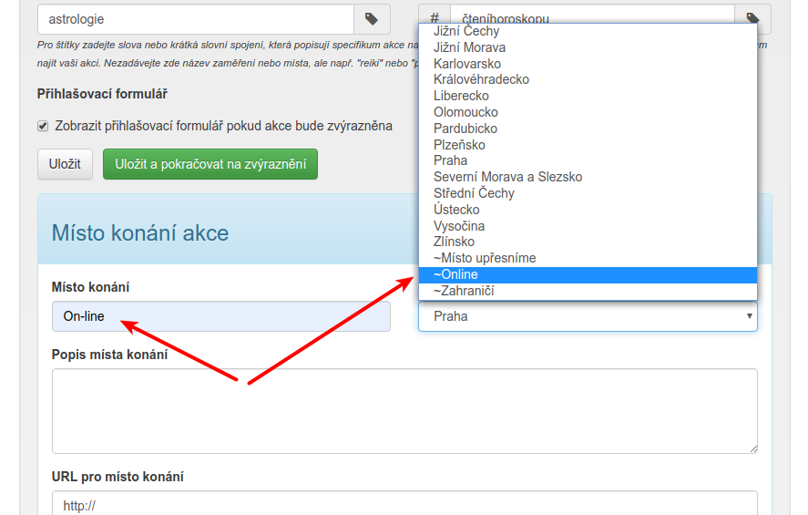 Nastavení místa konání a lokality On-line